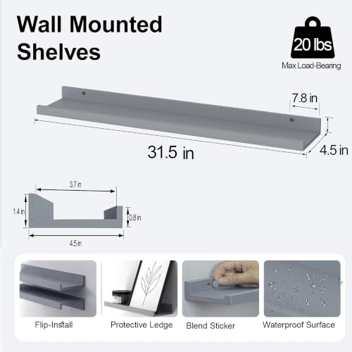 Image of Grey Floating Shelves for Wall Decor, 32 in Shelf with Lip Set of 2 | 4.5 inch Deep Display Picture Ledge Shelf, Long Wall Mounted Storage Shelves for Bedroom, Bathroom, Living Room, Kitchen, Nursery