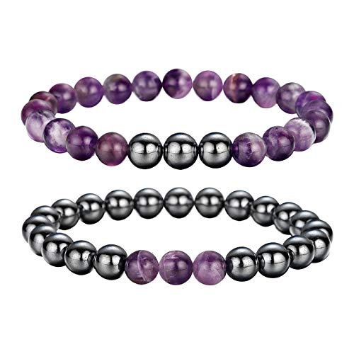 Lenias Couple Magnetic Hematite Beads Bracelet for Women Men 8MM Amethyst Healing Energy