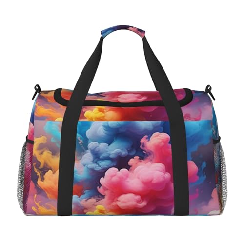 Colorful Smoke Print Travel Duffle Bag - Foldable Personal Item Travel Bag for Women & Men,Carry-On Convertible Crossbody Tote Bags with Adjustable Shoulder Strap & Pockets 13x10.2x19.7 in