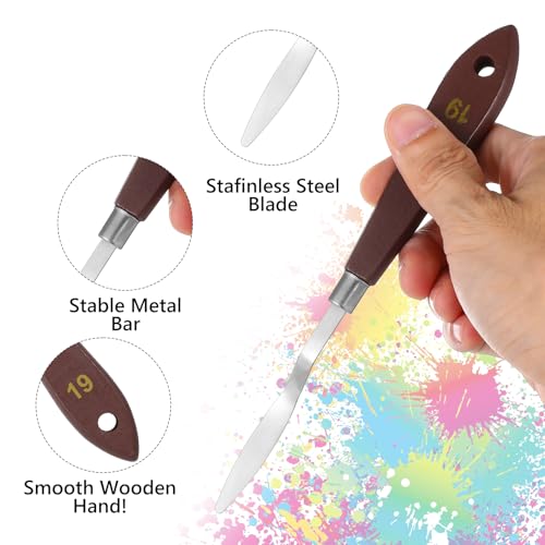WJIAAA 4 Pcs Painting Palette Knife,Painting Knife Set No.19, Stainless Steel Pointy Spatula Pallet Scraper with Beech Wood Handle for Oil Canvas Acrylic Sculpting Mixing Texturing