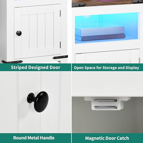 DWVO Farmhouse Nightstand with USB Charging Station & LED Lights, Adjustable Storage Shelving for Bedroom/Living Room, White Side Table with AC Outlets