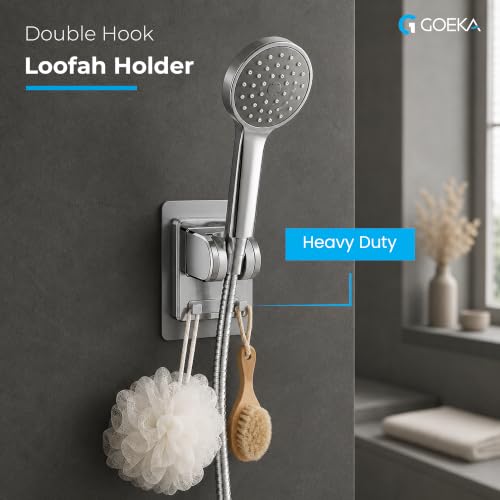 Image of GOEKA Self Adhesive Hand Shower Holder for Bathroom Wall | Durable ABS Body | Adjustable & Waterproof Wall Mount Shower Head Hook | No Drill Mop /Broom Holder for Kitchen & Bathroom (Silver)
