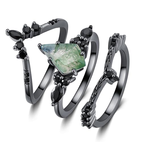 Natural Moss Agate Rings for Women Kite Cut Sterling Silver Moss Agate Ring for Women Wife, Optional 4 Colors (Rose/Yellow/White/Black), Ring Size 4-112