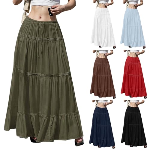 Summer Skirts for Women Trendy Drawstring Waisted Flowy Tiered Linen Maxi Skirt Pleated Ruffled A-Line Long Skirts