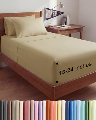 Image of Extra Deep Twin XL Sheet Set - 4 Piece Breathable & Cooling Sheets - Beige | Hotel Luxury Bed Sheets Set, Easy & Secure Fit, Ultra-Soft, Wrinkle & Fade Free, Comfy Sheets Set with Extra Deep Pockets