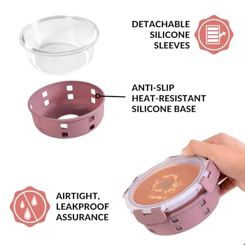 Image of Nestasia Gripso Glass Containers Set of 3 (400ml, 600ml, 950ml) with Silicone Sleeve & Locking Lid, Microwave, Dishwasher & Freezer Safe Round Food Storage Containers (Mauve)