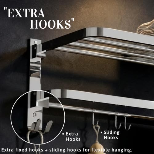 Image of GLOXY Premium SS 304 Towel Rack 24 Inch in Bathroom - Wall Mounted Foldable Towel Holder with Multipurpose Hooks - Chrome Finish Towel Hanger for Towels & Clothes - Bathroom Fittings Accessories