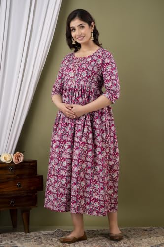 Image of Amazon Brand - Tavasya Women Botanical Floral Printed Maternity Midi Dress | Round Neck | 3 /4 Ruffle Sleeves | Concealed Feeding Zip | Gathered Tiered Nursing Dress