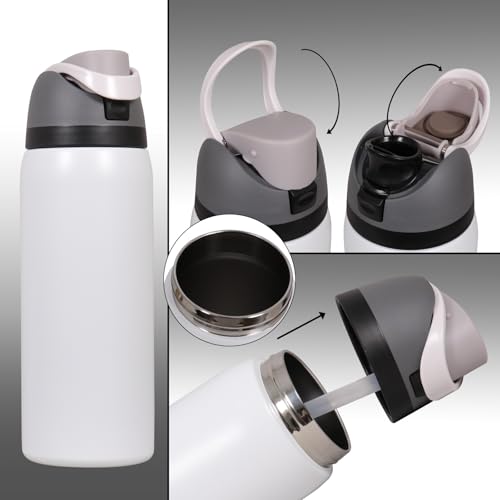 Image of FreeSip Gym Water Bottle with Straw & Chug Lid - Leak Proof Push Button Opening, BPA Free, Large Capacity Sports Bottle with Carry Handle (Cloud White, 960 ML)