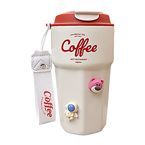 Cute Aesthetic Insulated Travel Coffee Mug With Hand Strap And Diy 3D Stickers For Women Teen Girls Stainless Steel Insulated Water Bottles Coffee Travel Mug Tumbler Leak Proof Lid (Beige) #TOP1