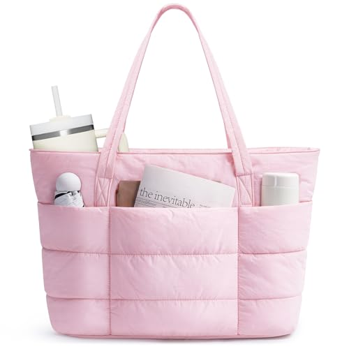 Narwey Tote Bags for Women Ladies Handbags & Shoulder Bags School Work Laptop Bags with Zip for Women Puffer Teacher Hand Bag for College Shopping Travel Gym Beach (Pink)