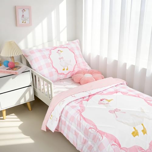 Image of Goose Toddler Bedding Set, 4 Piece Cute Pink Toddler Bed Set for Girls Boys, Soft & Cozy Baby Girl Bedding Including Comforter, Fitted Sheet, Flat Top Sheet and Envelope Pillowcase