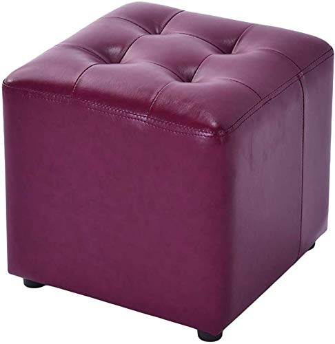 Repose-pieds cube en cuir et bois violet | Petit pouf ottoman carré de salon de 35 cm