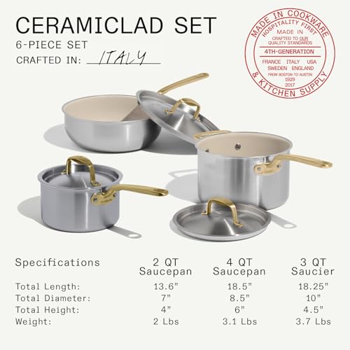 Image of Made In Cookware - 6 Piece Stainless Steel Saucepan Set with Lid (Antique Brass Handle) - 5 Ply Clad - Includes Non Stick Saucepans and Saucier - Professional Cookware - Crafted in Italy