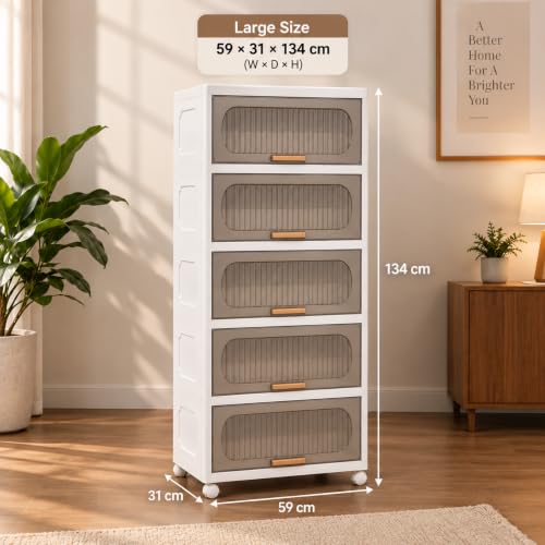 Image of KRISHYAM 5-Layer Plastic Storage Cabinet with Lift-Up Doors & Wheels, Smoky Translucent Multipurpose Organizer for Clothes, Bedroom, Kids Room & Home, 134 x 59 x 31 cm