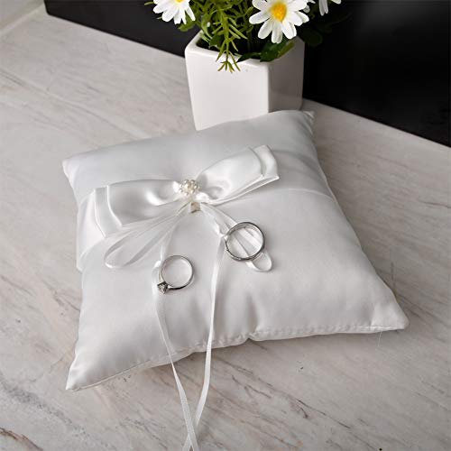 Image of Little World Ring Pillow Pearls, Decor Bridal Wedding Ivory Ring Bearer Pillow, 7.8 Inch x 7.8 Inch (White) (Pack of 2)