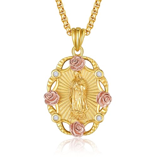 AENEAS Virgin Mary Necklace for Women Gold Filled Sterling Silver Our Lady of Guadalupe Pendant Rose Flower Miraculous Medal Jewelry Gift for Mom Wife