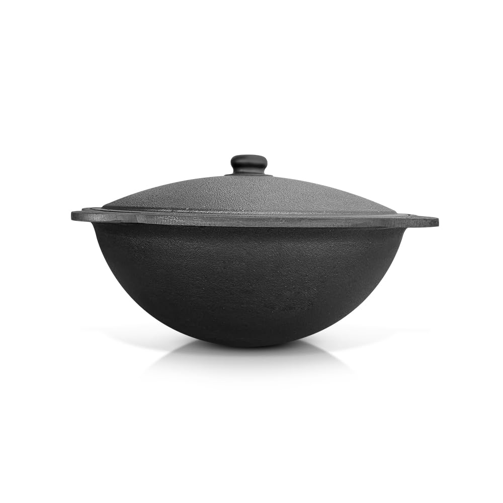 Utschak horno de fuego con termómetro olla de hierro fundido Kazan base redonda con tapa (12 L) espumadera 48 cm KazanOFF, Учаг, exterior, brasero, camping, Kazan, horno holandés con cañón