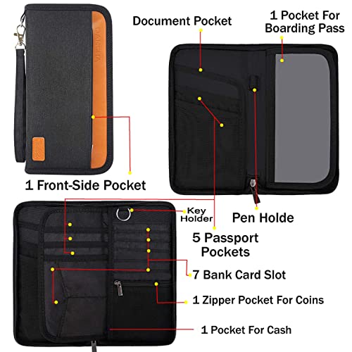 Image of DAHSHA Unisex Nylon RFID Travel Family Passport Holder Card Holder Wallet Travel Accessories Document Organizer, Passport Cover, with Removable Hand Strap (Black- 12.5 x 3 x 23 cm)