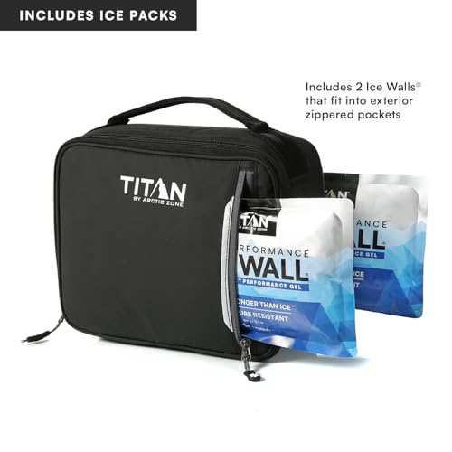 Image of Titan by Arctic Zone Fridge Cold Lunch Box with 2 Gel Ice Packs, Small Insulated Cooler Bag with Leak Proof Lining for School and Work, Black Ice