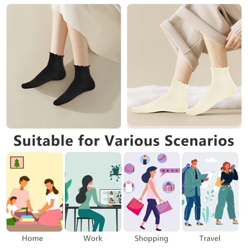 Image of MORECOO 6 Pairs Socks for Women, Cute Ruffle Frilly Ankle Socks, Cotton Lace Crew Socks for Mary Jane Shoes, 6 Pack