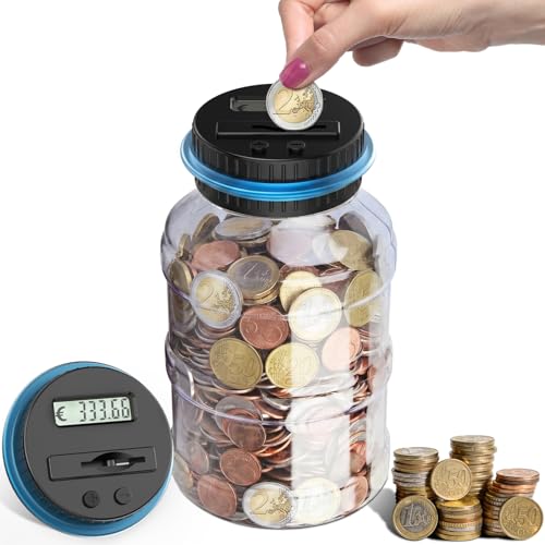 Pup Go Hucha Electronica Digital con Contador y Pantalla LCD, 1.8L Gran Capacidad, Transparente Grande XXL Cuenta Monedas Euro, Caja de Ahorro de Dinero Original para Niños, Niñas y Adultos