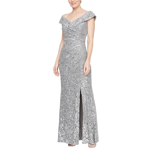Alex Evenings Women's Off The Shoulder Fit and Flare Dress, Lace and Sequined Elegance for Mother of The Bride Or Groom