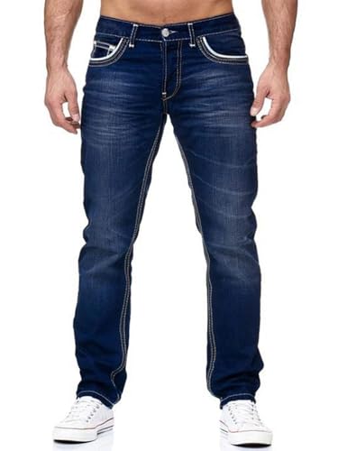seiveini Jean Homme Regular Jeans Stretch Coupe Droite Pantalon Denim Slim Fit Classique pour Travail Outdoor Décontracté A Bleu Foncé L