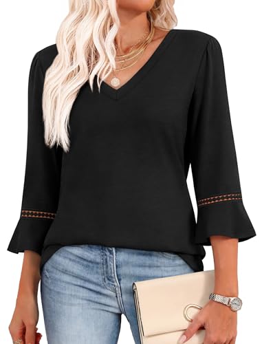 3/4 Length Sleeve Womens Tops Dressy Casual Blouses for Women Trendy Summer Tops Work Beach Vacation Outfits Spring Cruise Essentials 2026 Black M