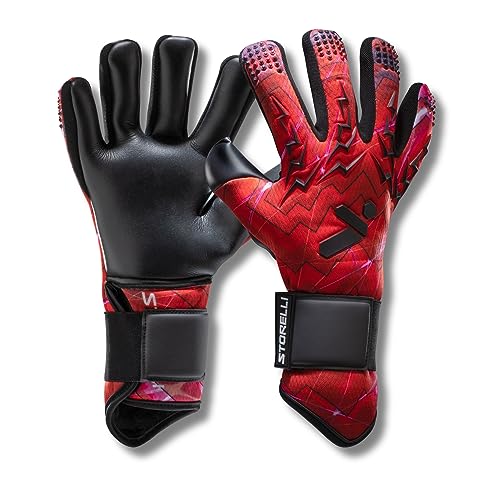 Storelli Lightning Goalkeeper Gloves, High-Impact Hand Protection with 5 Built-in Finger Spines, German New Basic Latex, Wrist Strap, Extended Cuff, Youth & Adults, Unisex, 1 Pair, Red Storm, Size 9