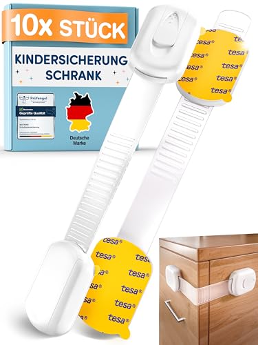 ADLERSFELD 4X Kindersicherung Schrank - (Mit 3M Kleber) Schranksicherung Baby - Längenverstellbar - Schubladensicherung Baby für Schränke, Kühlschrank, Tür - Kindersicherung Schubladen Kinder Weiß