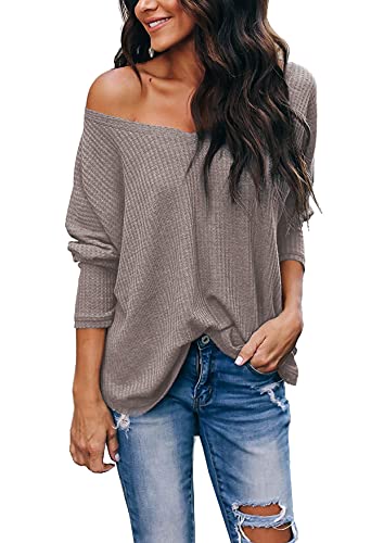 iGENJUN Women's Casual V-Neck Off-Shoulder Batwing Sleeve Pullover Sweater Tops