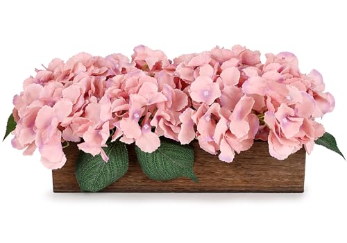 Scawim Spring Flower Table Centerpiece, Fake Hydrangea Arrangements Centerpieces Artificial Flowers Decor Wood Tray with Faux Flower Wedding Bouquets Room Kitchen Farmhouse Indoor Office Party(Pink)