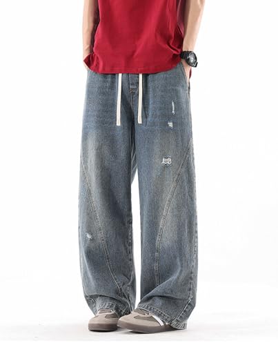 HBER Men's Elastic Waist Baggy Jeans Y2k Wide Leg Denim Pants with Drawstring Mid Rise Loose Fit Distressed Jeans3