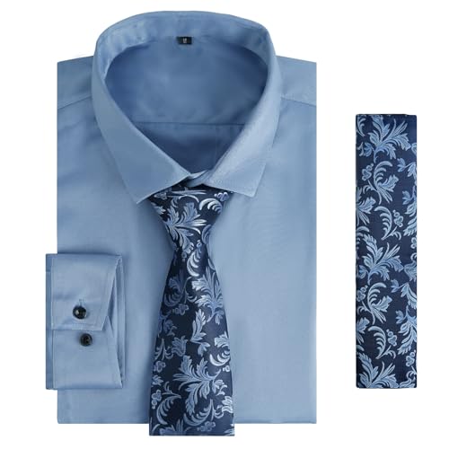 Image of Alizeal Mens 3 Pcs Long Sleeve Shirts Set | Pocket Square Necktie Perfect for Weddings Business Daily Wear