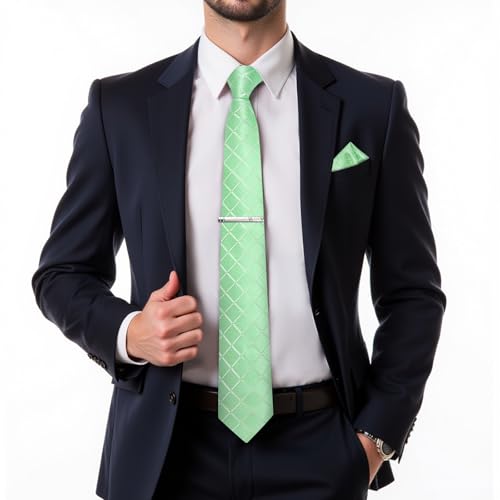 Image of DiBanGu Mens Silk Plaid Tie and Pocket Square Set | Elegant Silk Formal Tie Set, Woven Check Necktie and Cufflinks Tie Clip Set, Perfect for Wedding Party, Comes in Gift Box