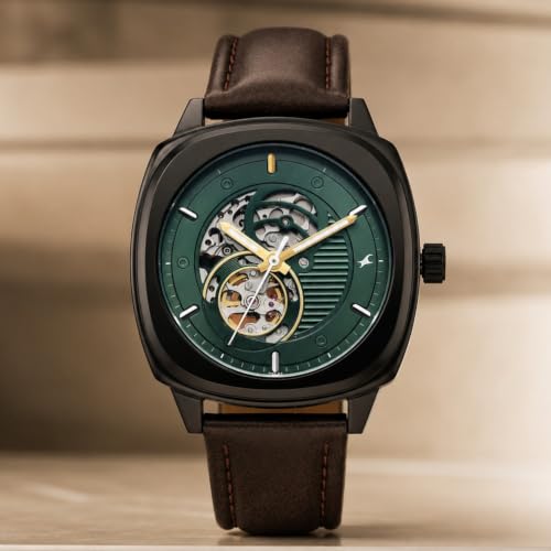 Image of Fastrack Automatics 3.0 Analog with Dark Green Dial Dark Brown Genuine Leather Strap Watch for Men - 3333NL01