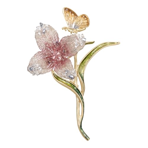 Image of Handmade Embroidery Flower Brooch Pins for Women, SHE'S FREE STYLE JUST FOR YOU Luxury Gradient Stitching Floral Brooch Pins with Crystal stamen, Enamel Metal Butterfly with Green Leaves, Hand Dripping Oil Jewelry pins