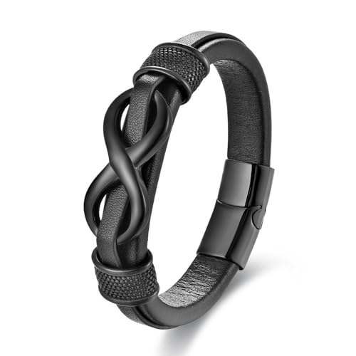 Infinity Bracelet for Men,Stainless Steel Silver/Black Men Infinity Leather Bracelet Wristband Cuff Bracelet 21 cm / 8.26 inches