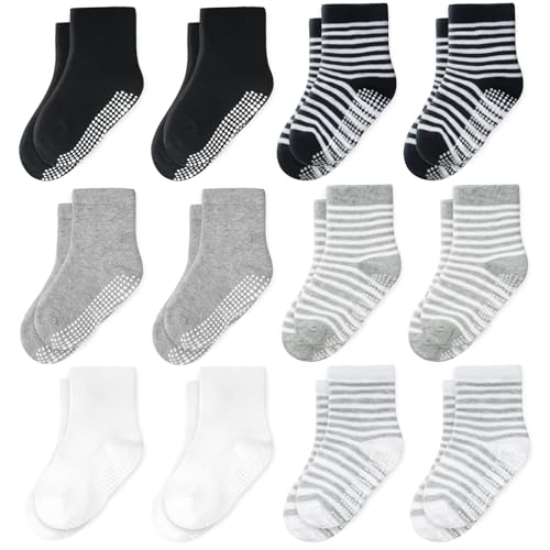Image of CozyWay Kids Socks 6-8 Years Old With Grippers Non Slip Crew Grip Socks for Girls and Boys Soft Comfy Cotton Unisex Black & White - 12 Pack