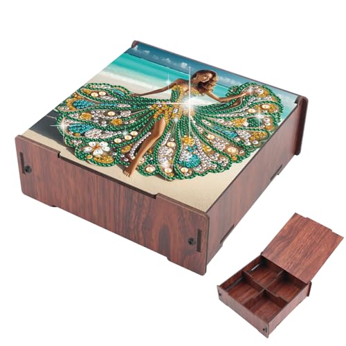 Image of DIY Diamond Art Storage Box, Beach Lady Design Wooden Diamond Painting Organizer with Flip-Top Lid and 4 Compartments, for Craft, Jewelry, and Desktop Storage, Table Decoration Gift Accessories