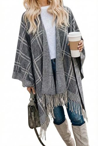 Bestshe Women's Boho Open Front Poncho Knitted Plaid Shawl Wrap