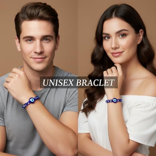 Image of Arihant Gems & Jewels Feng Shui Blue Evil Eye Bracelet with Laughing Buddha Charm | Nazar Batu Beaded Stretch Bracelet for Protection, Good Luck & Prosperity (Unisex)