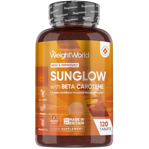 Tanning Tablets - 120 Sunglow Tablets - Beta Carotene Tanning Accelerator with Vitamins B2 & B3 Zinc Copper & Iodine - Vegan-Friendly & Non-GMO - Made in the UK