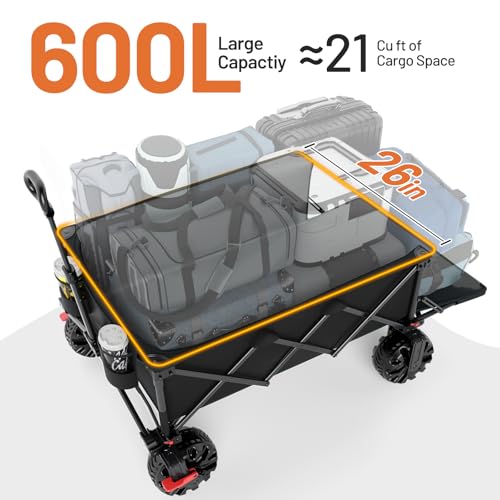 Image of TIMBER RIDGE 600L Beast Wagon 26 inch W Extra Wide All Terrain Folding w /Big Wheels, Cargo Net & Tailgate, 400lbs Heavy Duty Portable Cart 54.5 inch L Large Collapsible Wagons for Camping, Sports, Dogs, Black