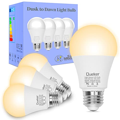 Queker Dusk to Dawn Light Bulbs Outdoor 4 Pack, Light Sensor Bulbs, 12W (100 Watt Equivalent) Auto On Off Photocell Sensor, E26 A19 1000LM 2700K Soft White LED Bulbs for Porch Garage Lighting Queker Dusk to Dawn Light Bulbs Outdoor 4 Pack, Light Sensor Bulbs, 12W (100 Watt Equivalent) Auto On Off Photocell Sensor, E26 A19 1000LM 2700K Soft White LED Bulbs for Porch Garage Lighting