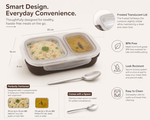 Image of Bento Lunch Box 550ml, Stainless Steel Lunch Box with 2 Compartments & Spoon, Microwave Safe BPA Free Tiffin Box, Leak Resistant Lunch Box for Kids & Adults, Office, School & Travel Brown