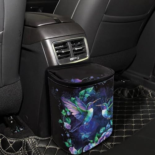 Image of Talayituse Hummingbird Floral Print Car Trash Bin, Large Size Auto Trash Can Adjustable Portable Garbage Can with Lid, Vehicle Hanging Bag for Headrest Front Back Seat