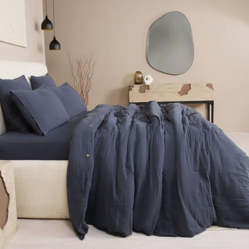 Parure de lit 220x240 gaze de coton lavé bleu pétrole pour grand lit douillet