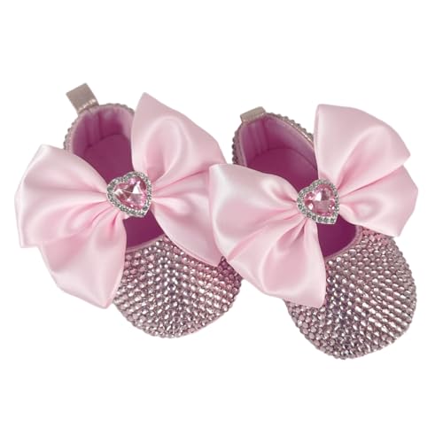 Pink Sparkle Rhinestone Flat Soft Soled Heart Crystal Shape Bowknot Decorate Newborn Baby Shoes